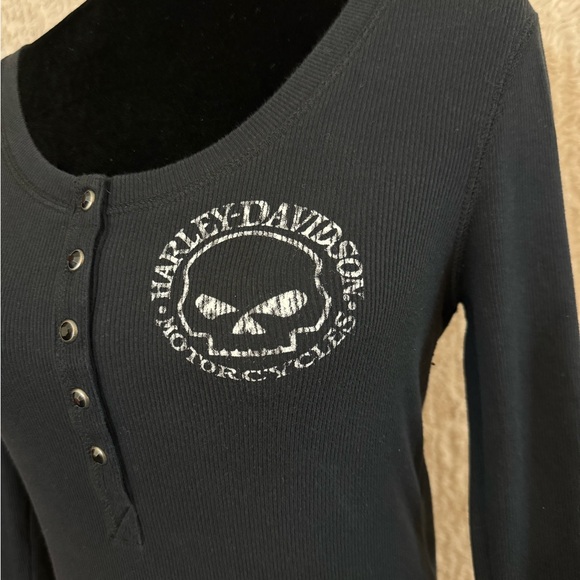 Women's Willie G Skull Snap Front Long Sleeve Black Henley, SZ M - Picture 4 of 6
